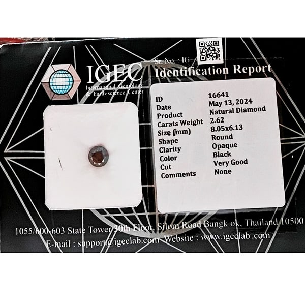 Natural Black Diamond 2.62 Ct. Round Brilliant Cut 8.05 x 6.13 Mm. From Belgium: Product ID: 502100423 Product Name: Natural Enhanced Diamond Weight: 2.62 CT. Size: 8.05 x 6.13 MM. Shape: Round Color: Black Clarity:Opaque Luster: Very Good Gems Origin: Belgium Treatment: None Crys