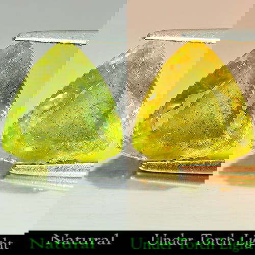 Natural Green Sphene Red Spark 5.33 Ct. Trilliant Shape 11.6 x 11.5 Mm. Gemstone From Madagascar: Product ID: 806504600 Product Name: Natural Sphene Weight: 5.33 CT. Size: 11.6 x 11.5 x 5.2 MM. Shape: Trilliant Color: Intense Green With Red Spark Clarity:VSI - SI Luster: Adamantine Gems Origin: