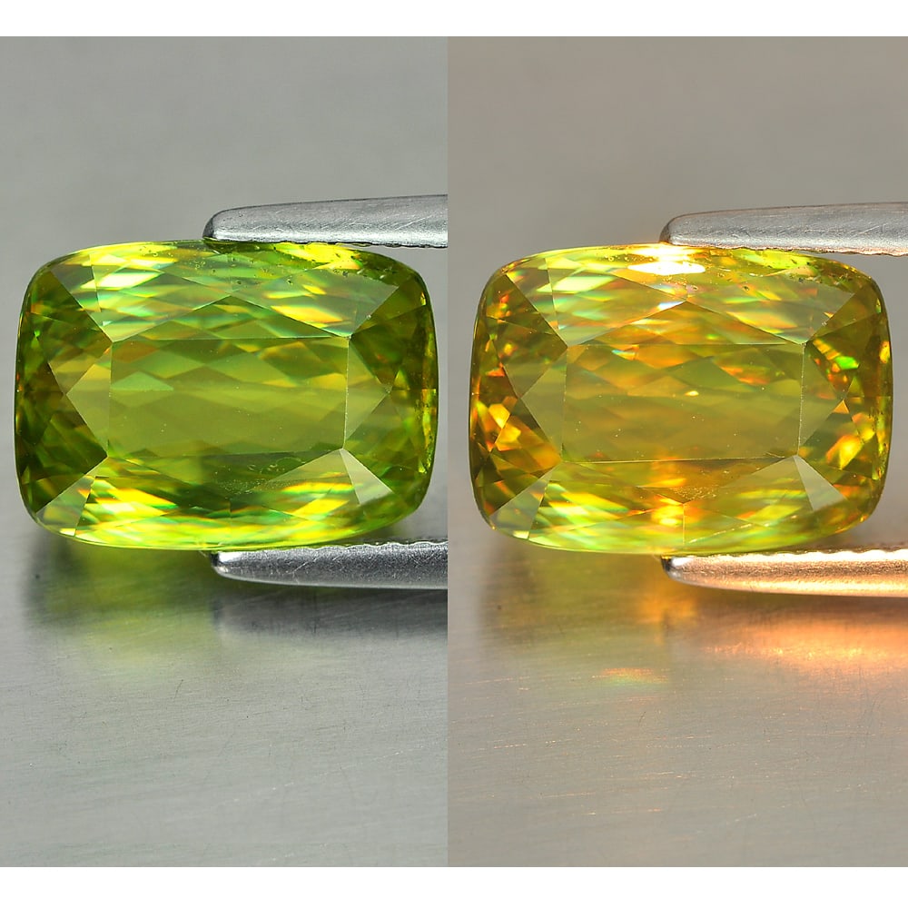 Natural Green Sphene With Rainbow Spark 5.84 Ct. Cushion Shape 11.8 x 8.6 Mm. Unheated Gemstone: Product ID: 806507987 Product Name: Natural Sphene Weight: 5.84 CT. Size: 11.8 x 8.6 x 6 MM. Shape: Cushion Color: Green With Rainbow Spark Clarity:VSI Luster: Adamantine Gems Origin: Madagascar Treat