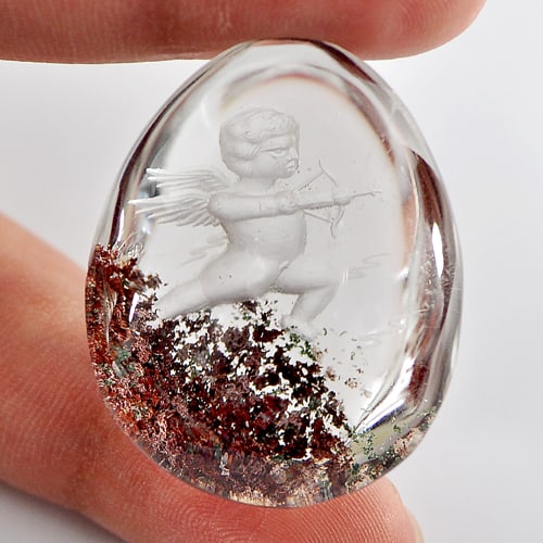 Natural Moss Quartz 75.00 Ct. Cupid Carving Inner Pear Cabochon Shape 34 x 26 Mm. Gemstone (1 of 3)
