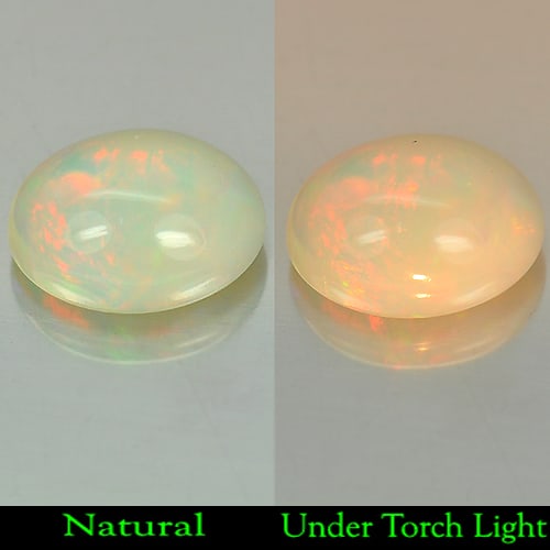 Natural Multi Color Opal 3.15 Ct. Oval Cabochon Shape 11.6 x 9 Mm. Unheated Gemstone: Product ID: 818708501 Product Name: Natural Opal Weight: 3.15 CT. Size: 11.6 x 9 x 6 MM. Shape: Oval Cabochon Color: Multi Color Clarity:Semi - Transparent Luster: Good Gems Origin: Ethiopia Treatment