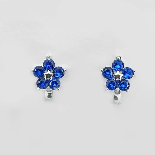 Flower Design Real 925 Sterling Silver Jewelry Loop Earrings Round Blue CZ (1 of 3)