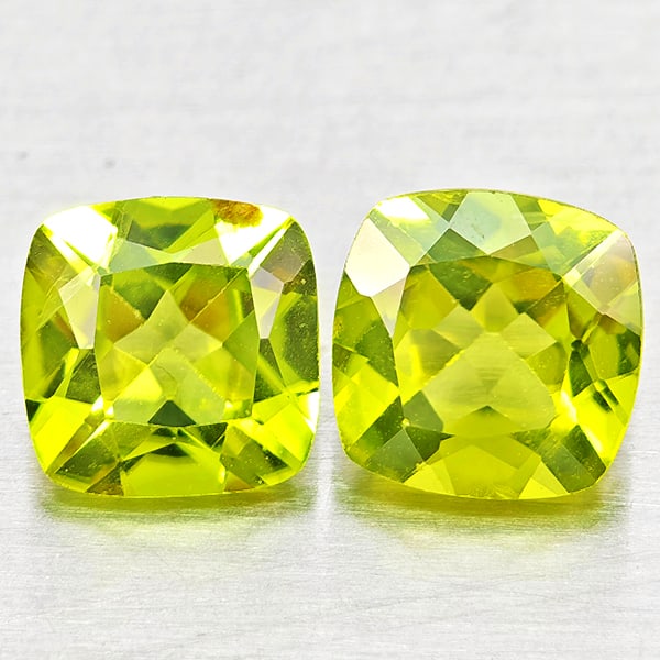 Natural Green Peridot 2.22 Ct. 2Pcs Cushion Shape Gemstones From Pakistan: Product ID: 805317380 Product Name: Natural Peridot Weight: 2.22 CT. Size: 6.3 x 6.3 x 3.9 to 6.1 x 6.1 x 3.6 MM. Shape: Cushion Shape Color: Green Clarity:VSI - SI1 Luster: Good Gems Origin: Pakistan