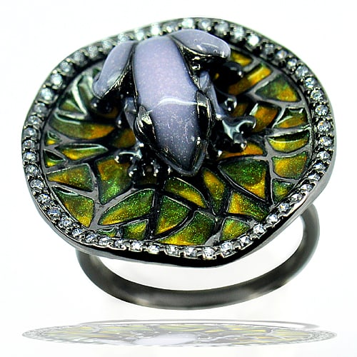 925 Sterling Silver Oxidize Ring Size 6 Frog Purple Enamel with CZ 6.63 G. (1 of 3)