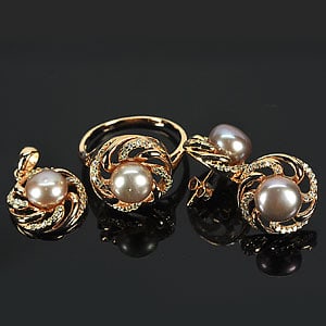Natual Pearl 925 Sterling Silver Jewelry Sets Rose Gold Plated Pendant Earrings and Ring Size 8 (1 of 3)