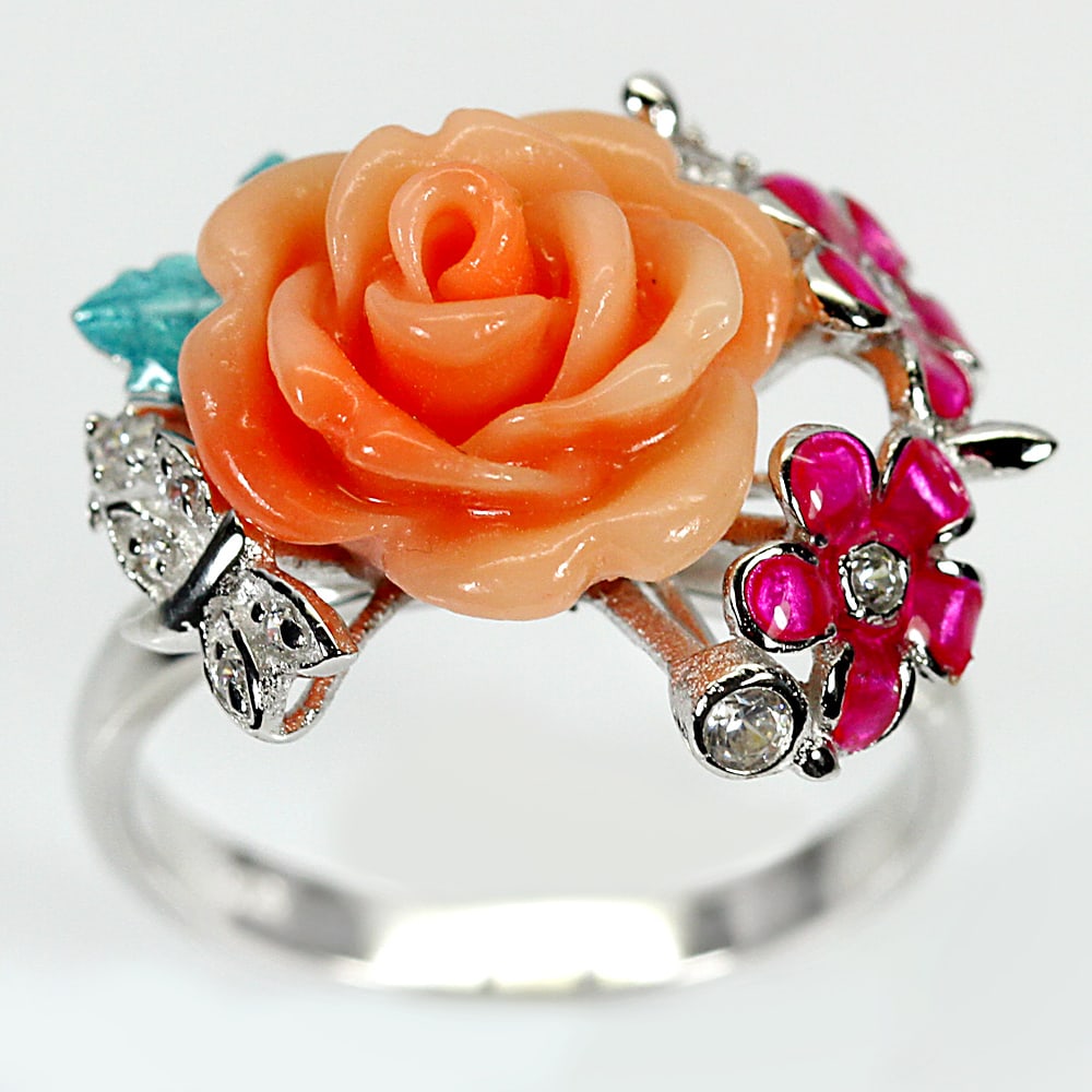 925 Sterling Silver Ring Jewelry 6.10 G. Orange Flower Resin Design Size 7 (1 of 3)
