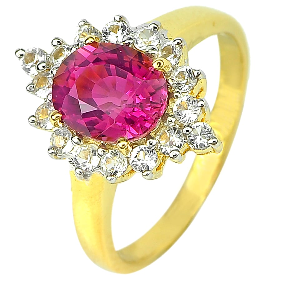 Natural Pink Tourmaline 1.66 Ct. and White Sapphire 14K Yellow Gold Ring Jewelry Size 6.5 (1 of 3)