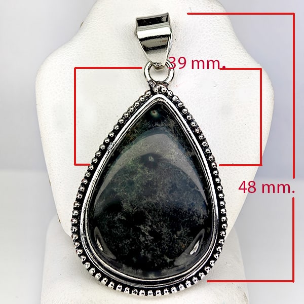 Natural Gemstone Pear Cabochon Shape Metal Silver Plated Fine Jewelry Pendant 16.36 Grams: Product ID: 510000004 Product Name: Natural Fashion Jewelry Weight: 16.36 CT. Size: 18 x 39 MM. Shape: Pear Cabochon Color: Multi Color Black Clarity:Opaque Luster: None Gems Origin: Thailand Treatmen