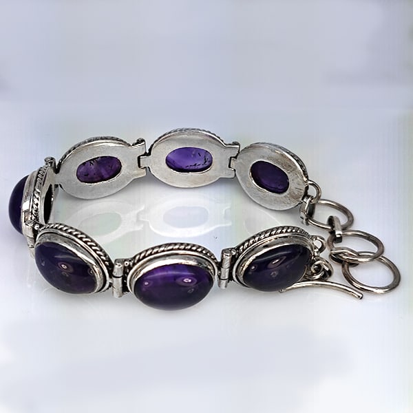 Natural Gemstone Oval Cabochon Shape 37.02 Grams Metal Silver Plated Fine Jewelry Bracelet 8.5 Inch (1 of 3)