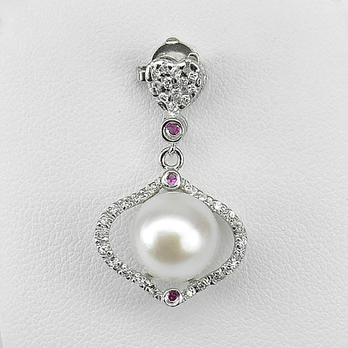 2.94 G. Natural Round Cabochon White Pearl Real 925 Sterling Silver Pendant (1 of 3)