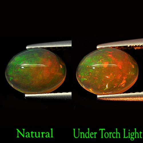 Natural Multi Color Opal 1.13 Ct. Oval Cabochon Shape 8.7 x 7 Mm. Unheated Gemstone: Product ID: 818726996 Product Name: Natural Opal Weight: 1.13 CT. Size: 8.7 x 7 x 4 MM. Shape: Oval Cabochon Color: Multi Color Clarity:Semi - Transparent Luster: Iridescent Gems Origin: Ethiopia Trea