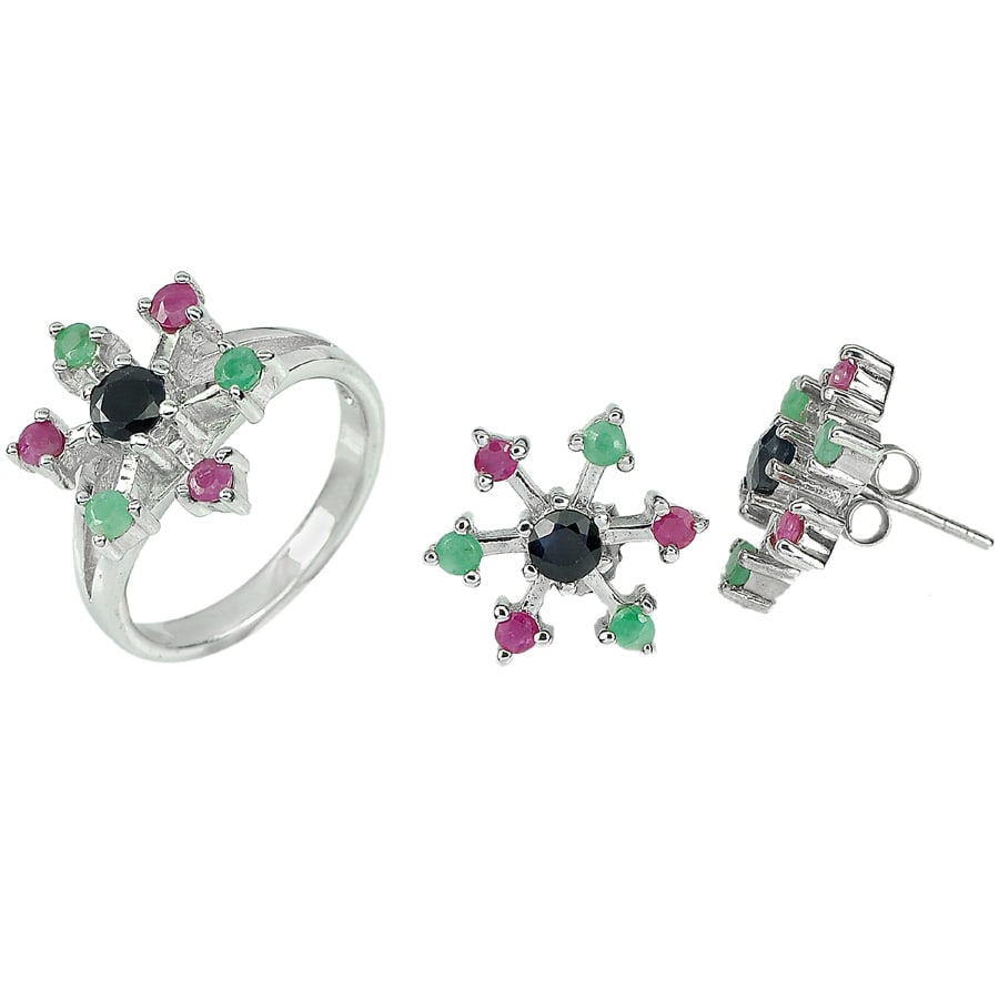 Natural Ruby Emerald And Sapphire 925 Sterling Silver Jewelry Sets Ring Size 7.5 and Earring 10.97 (1 of 3)