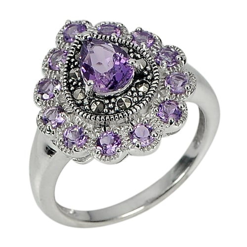 Natural Purple Amethyst Marcasite 925 Sterling Silver Beautiful Ring Size 7 (1 of 3)