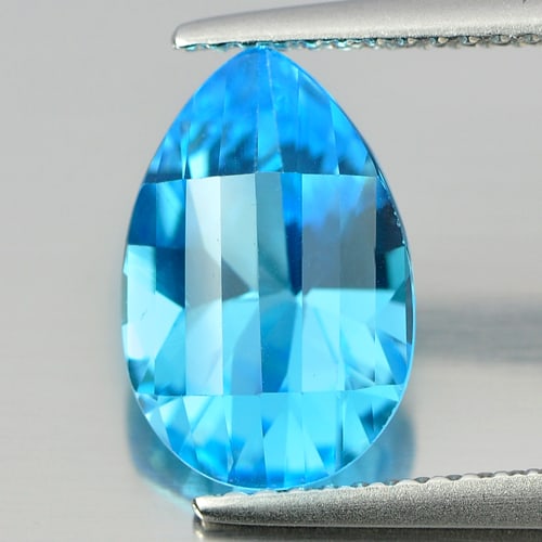 Natural Swiss Blue Topaz 3.48 Ct. Pear Shape 11.9 x 7.9 Mm Gemstone From Brazil: Product ID: 807165998 Product Name: Natural Blue Topaz Weight: 3.48 CT. Size: 11.9 x 7.9 x 5.8 MM. Shape: Pear Color: Blue Clarity:IF Luster: Good Gems Origin: Brazil Treatment: Treated Crystal Struct