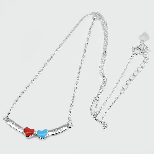 925 Sterling Silver Necklace Jewelry Lenght 14 Inch. Heart Blue And Red Enamel (1 of 3)