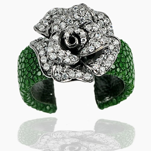 Green Stingray Leather Oxidize Real 925 Sterling Silver Ring Adjustable 7.04 G. (1 of 3)
