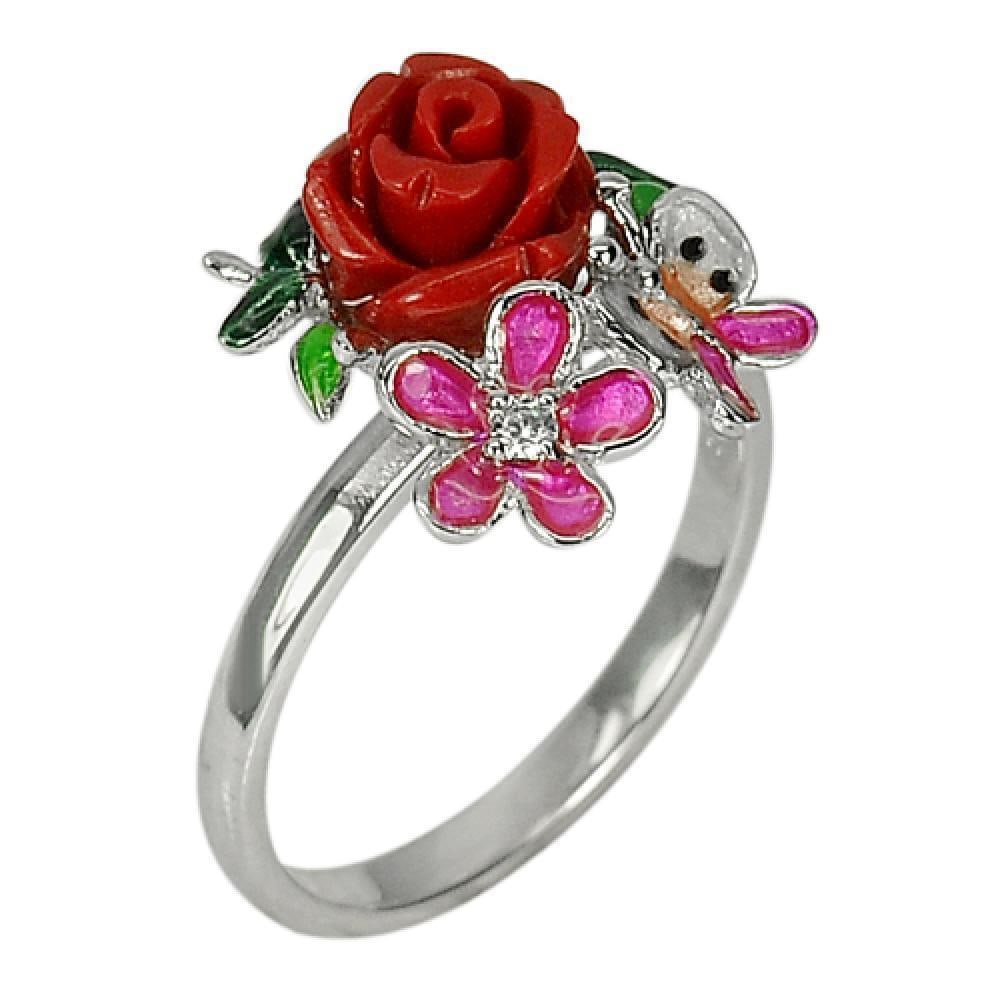 925 Sterling Silver Ring Jewelry with Flower Resin with Butterfly Enamel 4.43 G. Size 7 (1 of 3)