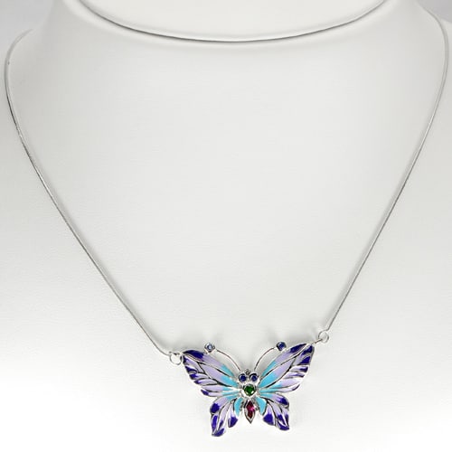 Natural Garnet and Tanzanite 925 Sterling Silver Necklace Jewelry Length 19 Inch. Butterfly Enamel (1 of 3)