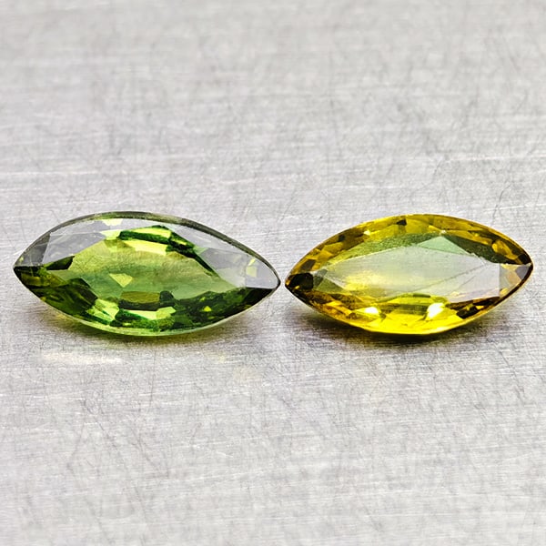 Natural Multi Color Sapphire 1.07 Ct. 2 Pcs Marquise Shape 7.7 x 3.5 Mm Gemstones From Thailand: Product ID: 806162002 Product Name: Natural Green Sapphire Weight: 1.07 CT. Size: 7.7 x 3.5 x 2.4 MM. Shape: Marquise Shape Color: Green Yellow Clarity:VSI Luster: Good Gems Origin: Thailand Treatment