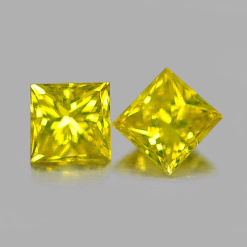 Natural Yellow Diamond 0.16 Ct. 2 Pcs. Square Princess Cut Size 2.4 mm.: Product ID: 802103497 Product Name: Natural Enhanced Diamond Weight: 0.16 CT. Size: 2.4 x 2.4 x 1.4 MM. Shape: Square Princess Cut Color: Yellow Clarity:SI1 Luster: Scintillating Gems Origin: Belgium