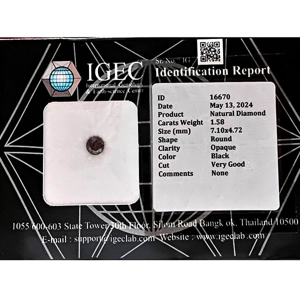Natural Black Diamond 1.58 Ct. Round Brilliant Cut 7.10 x 4.72 Mm. From Belgium: Product ID: 502100420 Product Name: Natural Enhanced Diamond Weight: 1.58 CT. Size: 7.10 x 4.72 MM. Shape: Round Color: black Clarity:Opaque Luster: Very Good Gems Origin: Belgium Treatment: None Crys