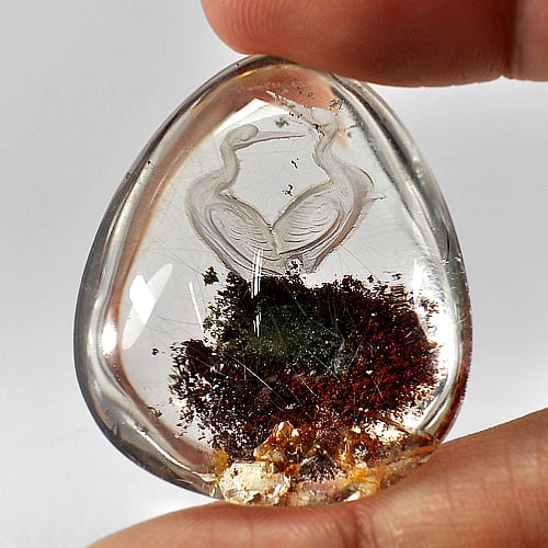 Natural Moss Quartz 98.61 Ct. Carving Birds Pear Cabochon Shape 34 x 29 Mm. Gemstone From Thailand (1 of 3)