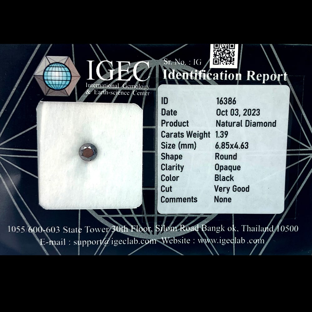 Natural Black Diamond 1.39 Ct. Round Brilliant Cut 6.85 x 4.63 Mm. From Belgium: Product ID: 502100039 Product Name: Natural Enhanced Diamond Weight: 1.39 CT. Size: 6.85 x 4.63 MM. Shape: Round Brilliant Cut Color: black Clarity:Opaque Luster: Good Gems Origin: Belgium Treatment: