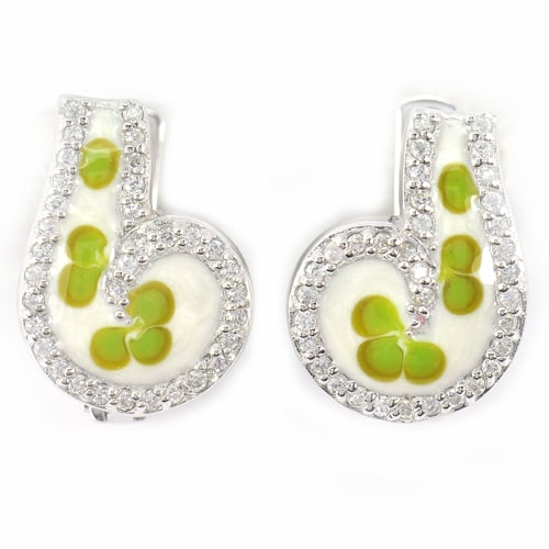 925 Sterling Silver Earrings Jewelry Beautiful Flower Green Enamel and White Cz 5.60 G. (1 of 3)
