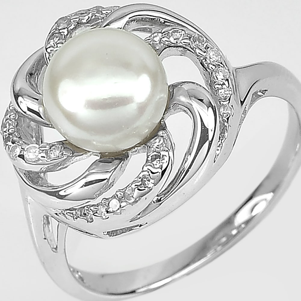 Natural White Pearl 925 Sterling Silver Ring Jewelry Ring Size 9 (1 of 3)