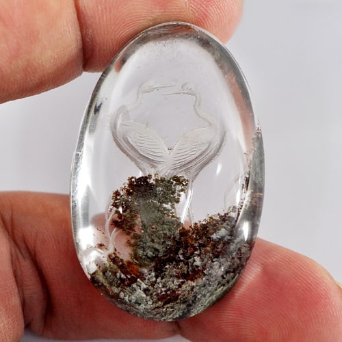 Natural Moss Quartz 100 Ct. Birds Carving Inner Pear Cabochon Shape 42 x 27 Mm. Gemstone (1 of 3)