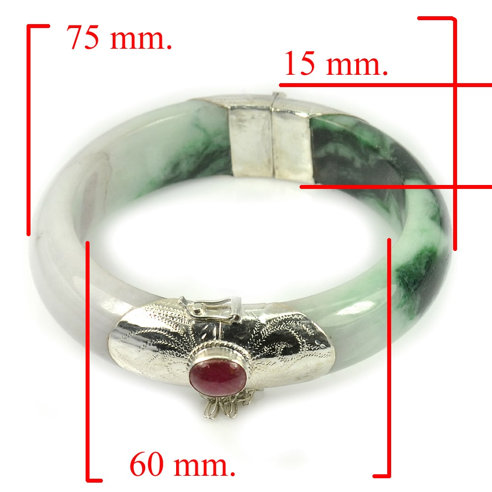 Natural Multi Color Jade Bangle 385.21 Ct. with Silver And Ruby Gemstone Diameter 60 Mm.: Product ID: 819814629 Product Name: Natural Jade Weight: 385.21 CT. Size: 75 x 60 x 15 MM. Shape: Round Color: Multi-Color Clarity:Opaque Luster: Good Gems Origin: Thailand Treatment: Unheated Crystal
