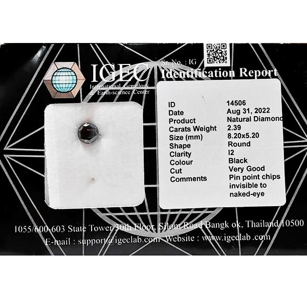 Certified Natural Black Diamond 2.39 Ct. Round Brilliant Cut 8.20 x 5.20 Mm: Product ID: 502100465 Product Name: Natural Enhanced Diamond Weight: 2.39 CT. Size: 8.20 x 5.20 MM. Shape: Round Brilliant Cut Color: Black Clarity:Opaque Luster: Very Good Gems Origin: Belgium Treatm