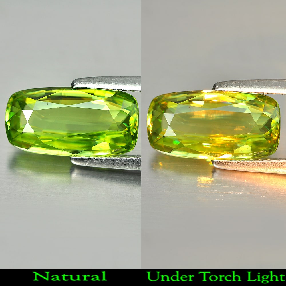 Natural Green Sphene With Rainbow Spark 3.15 Ct. Cushion Shape 12.8 x 6.7 Mm. Gemstone From: Product ID: 806507748 Product Name: Natural Sphene Weight: 3.15 CT. Size: 12.8 x 6.7 x 3.8 MM. Shape: Cushion Color: Green With Rainbow Spark Clarity:VSI Luster: Adamantine Gems Origin: Madagascar Tre