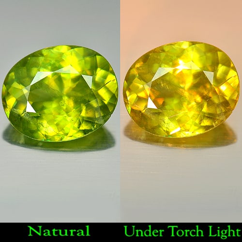 Natural Multi Color Sphene Red Spark 5.75 Ct. Oval Shape 13.1 x 10.6 Mm. Unheated Gemstone: Product ID: 806502812 Product Name: Natural Sphene Weight: 5.75 CT. Size: 13.1 x 10.6 x 5.9 MM. Shape: Oval Color: Intense Green With Red Spark Clarity:SI Luster: Adamantine Gems Origin: Madagascar Tr