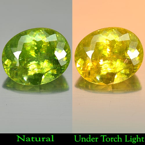 Natural Intense Green Titanium Sphene Red Spark 5.59 Ct. Oval Shape 12.1 x 9.8 Mm. Gemstone: Product ID: 806502811 Product Name: Natural Sphene Weight: 5.59 CT. Size: 12.1 x 9.8 x 6.5 MM. Shape: Oval Color: Intense Green With Red Spark Clarity:I2 Luster: Adamantine Gems Origin: Madagascar