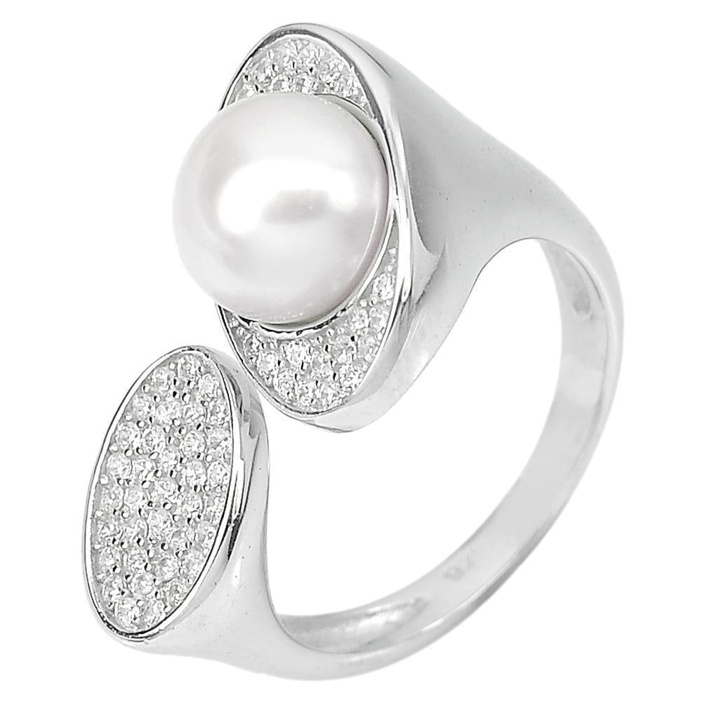 925 Sterling Silver Ring Size 8 Natural Round White Pearl 6.45 Grams (1 of 3)