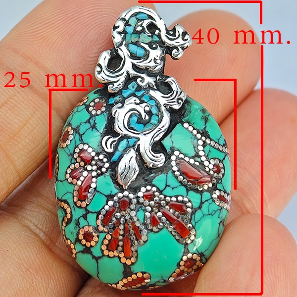 Natural Multi Color Turquoise & Coral 925 Sterling Silver Pendant Jewelry 83.01 Grams: Product ID: 200108313 Product Type: 925 Sterling Silver Fine Jewelry Jewelry Weight: 83.01 Grams. Gemstones Color: Multi Color Metal: Solid Silver 92.5%. Gemstone Detail: Turquoise & Coral At Your Ser