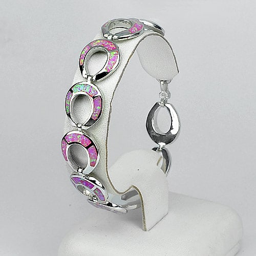 925 Sterling Silver Multi Color Pink Created Opal Bracelet 7.5 Inch. 22.58 Grams (1 of 3)