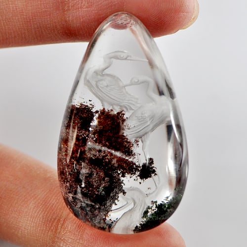 Natural Moss Quartz Birds Carving Inner 100 Ct. Pear Cabochon 41 x 23 Mm. Unheated Gemstone (1 of 3)