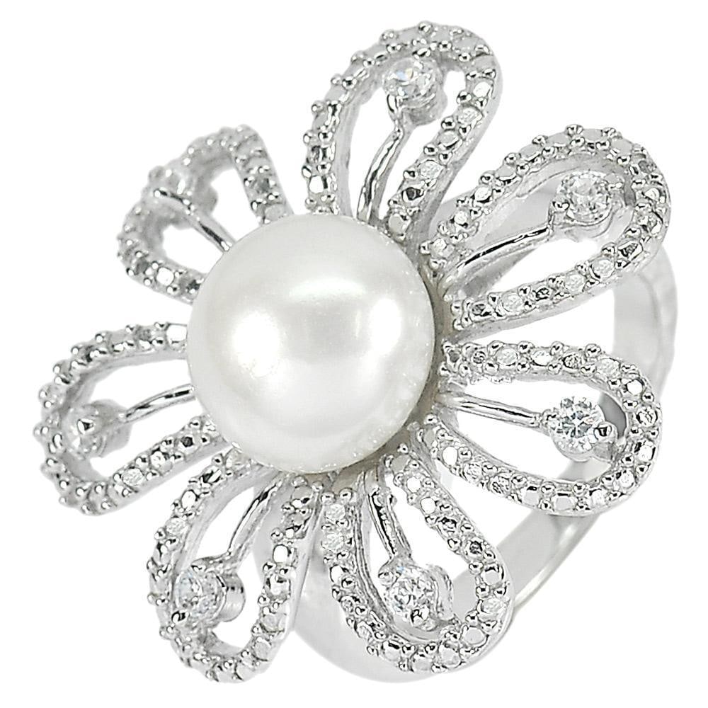 Natural White Pearl with 925 Sterling Silver 8.01 Grams Flower Ring Size 6.5 (1 of 3)