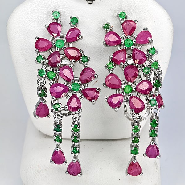 Natural Emerald And Ruby Real 925 Sterling Silver Jewelry Earring 12.96 Grams (1 of 3)