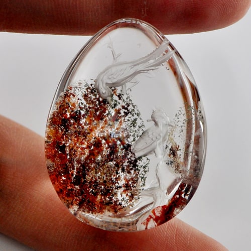 Natural Moss Quartz 75.00 Ct. Birds Inner Pear Cabochon Shape 35 x 27 Mm. Gemstone from Thailand (1 of 3)