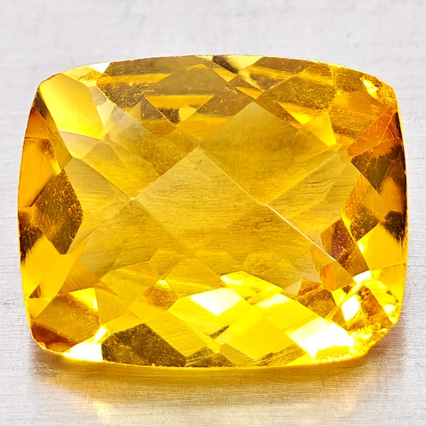 Natural Yellow Citrine 2.71 Ct. Cushion Checkerboard Cut 10.2 Mm. Gemstone From Brazil: Product ID: 801815212 Product Name: Natural Citrine Weight: 2.71 CT. Size: 10.2 x 8.2 x 5.2 MM. Shape: Cushion Checkerboard Cut Color: Yellow Clarity:VVS - VSI Luster: Good Gems Origin: Brazil Treatme
