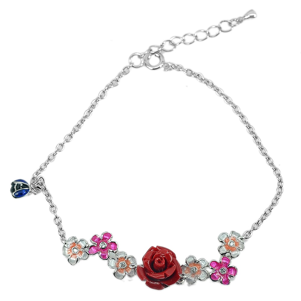 925 Sterling Silver Bracelet Jewelryn Length 8 Inch. Red Flower Resin & Enamel 4.78 G. (1 of 3)
