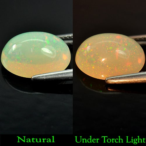 Natural Multi Color Opal 3.30 Ct. Oval Cabochon Shape 12.6 x 9.3 Mm. Unheated Gamstone: Product ID: 818727427 Product Name: Natural Opal Weight: 3.30 CT. Size: 12.6 x 9.3 x 6.6 MM. Shape: Oval Cabochon Color: Multi-Color Clarity:Semi - Transparent Luster: Strong Iridescent Gems Origin: E