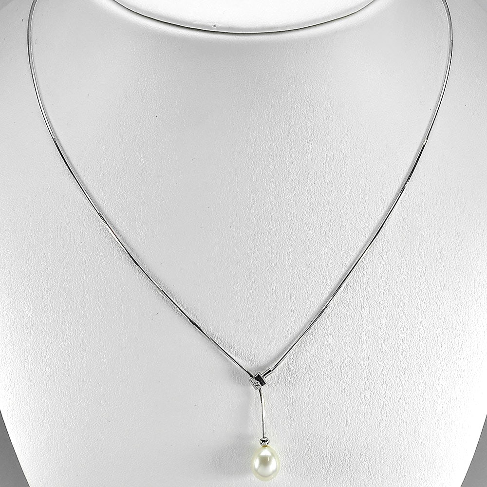Natural White Pearl 925 Sterling Silver Necklace Jewelry White Gold Plated Length 18 Inch. 4.05 (1 of 3)