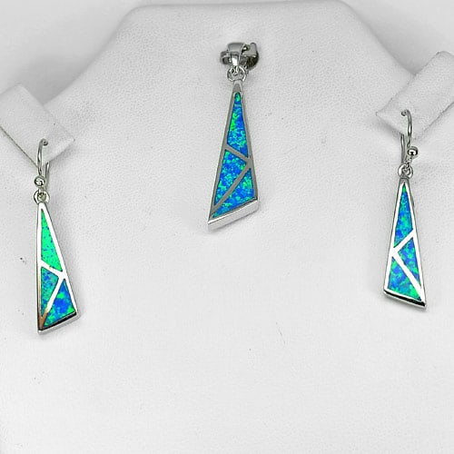 925 Sterling Silver Jewelry Sets with Blue Created Opal Pendant And Earrings 8.33 G. (1 of 3)