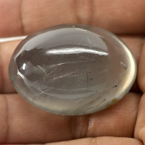 Natural White Black Rutilated Quartz 91.57 Ct. Oval Cabochon Shape 34 x 24 Mm Gemstone from Thailand (1 of 3)