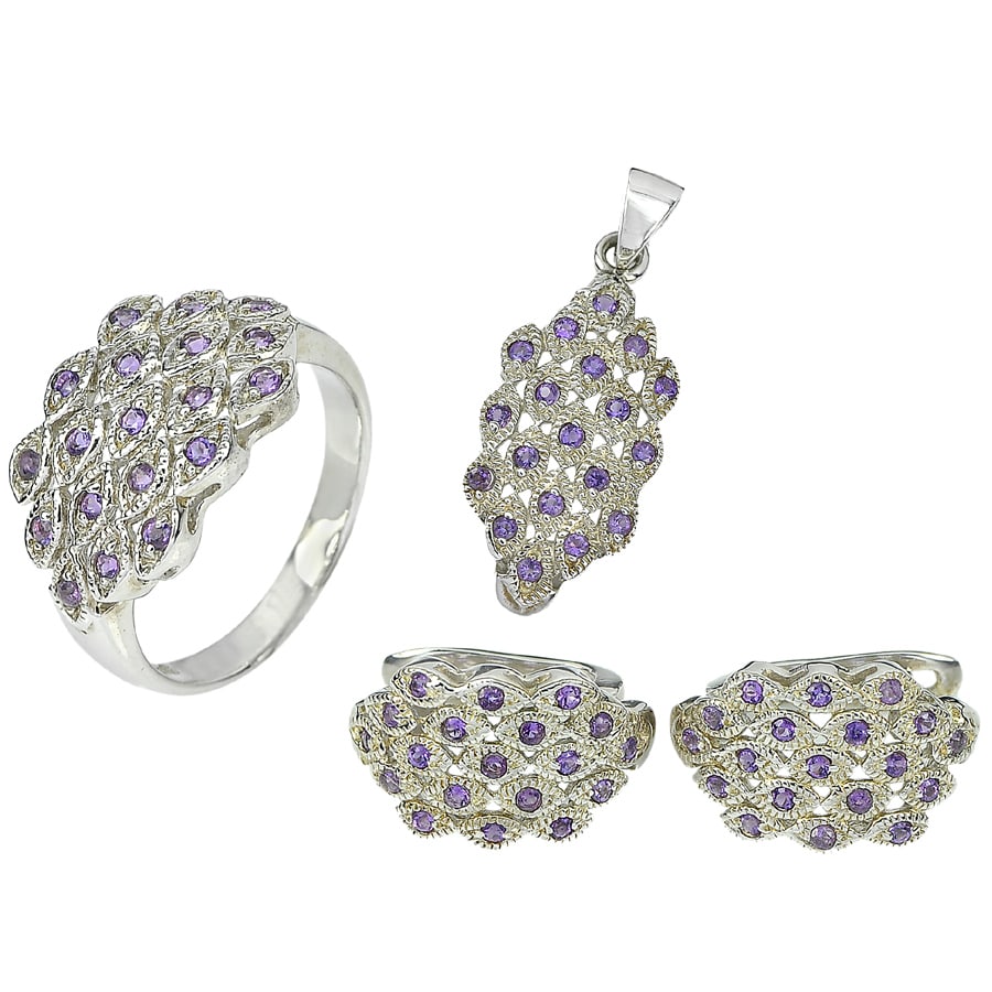 Natural Purple Amethyst 925 Sterling Silver Sets Ring Size 8 Pendant Earrings (1 of 3)