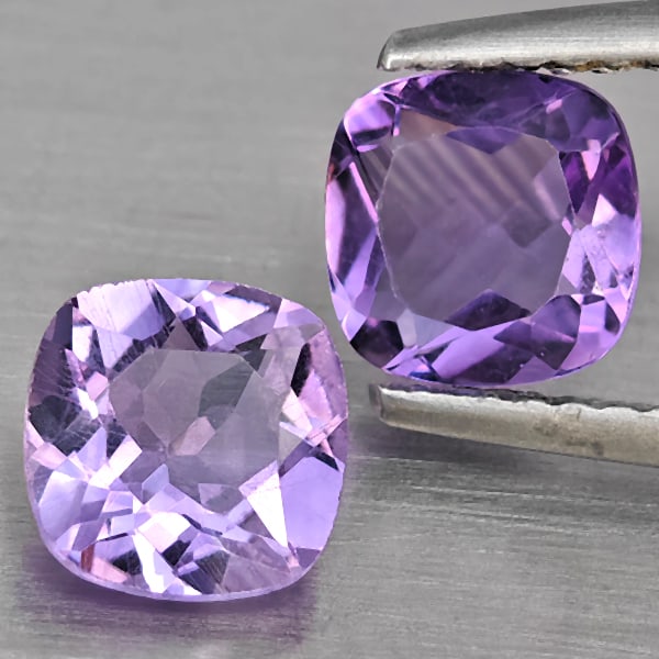 Natural Purple Amethyst 1.55 Ct. 2 Pcs. Cushion Shape 6.2 x 6.2 Mm. Gemstone From Brazil: Product ID: 800325577 Product Name: Natural Amethyst Weight: 1.55 CT. Size: 6.2 x 6.2 x 3.3 MM. Shape: Cushion Shape Color: Purple Clarity:VSI Luster: Very Good Gems Origin: Brazil Treatment: Unheated